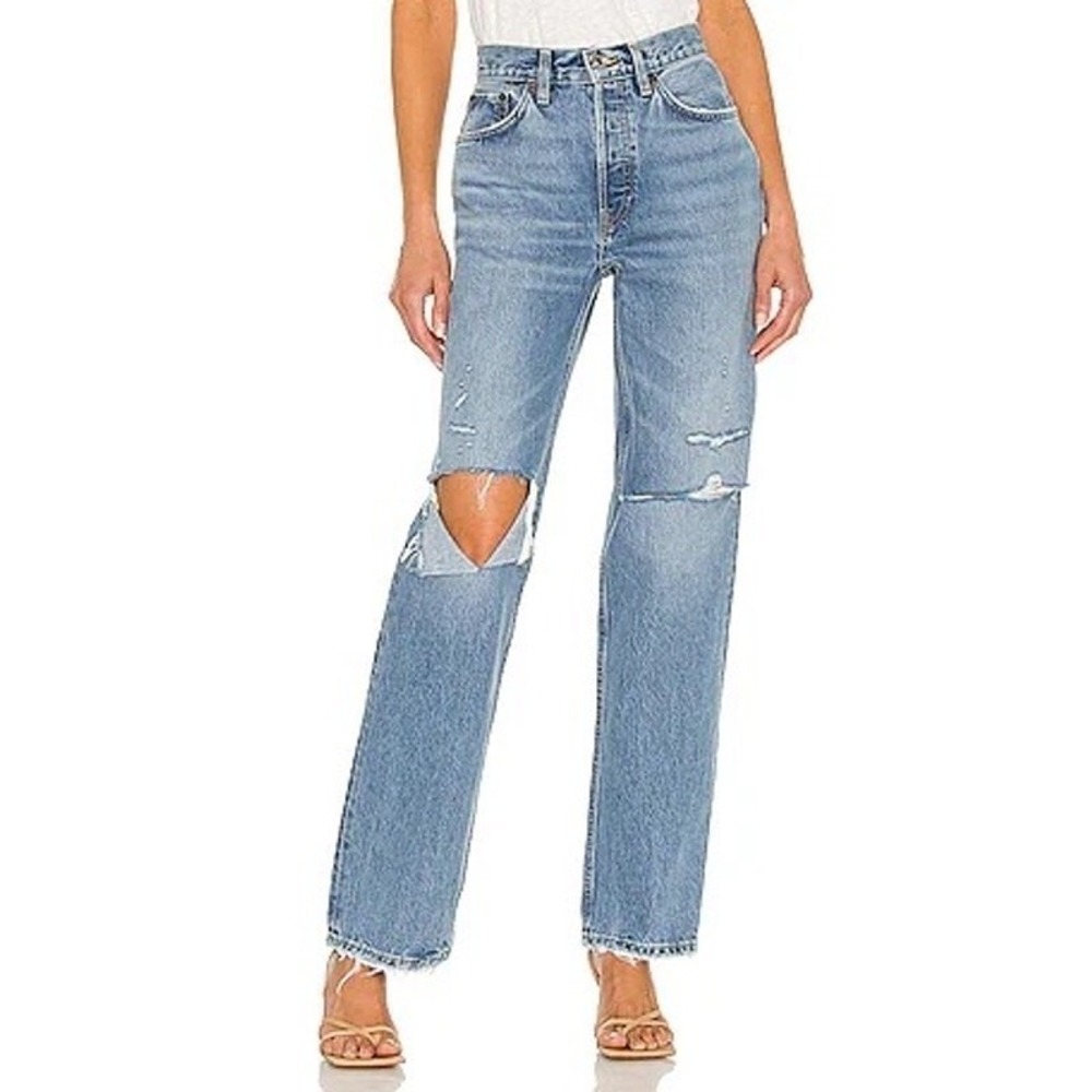 Re/Done Originals 90s Comfy High Rise Straight Leg Jean in Sunfaded Destroy 29
